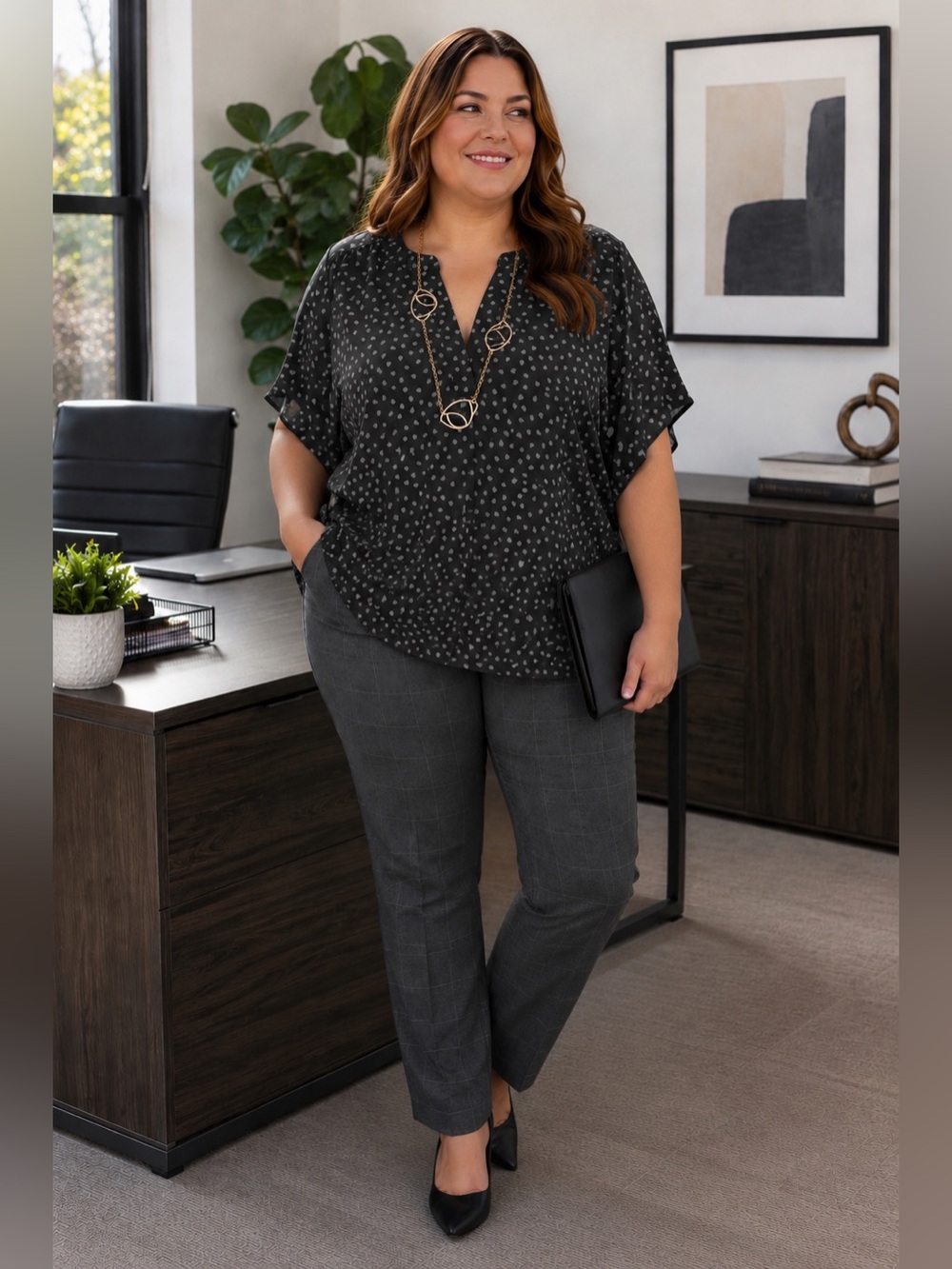 EVRI Plus Size 2X Black Blouse Tiny Gray Heart Print V Neck